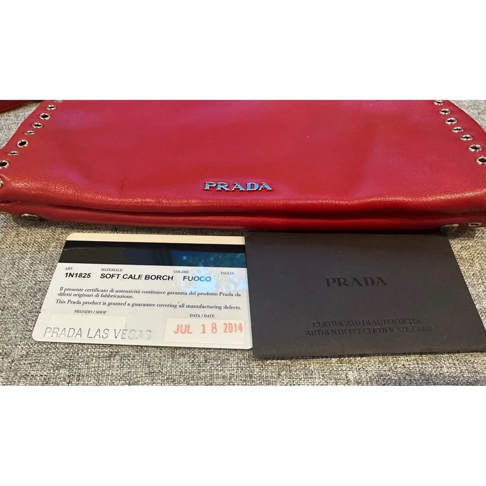 Prada Soft Calf Borch Red Leather Studded Crystal Clutch Bag 1N1825 Fuoco